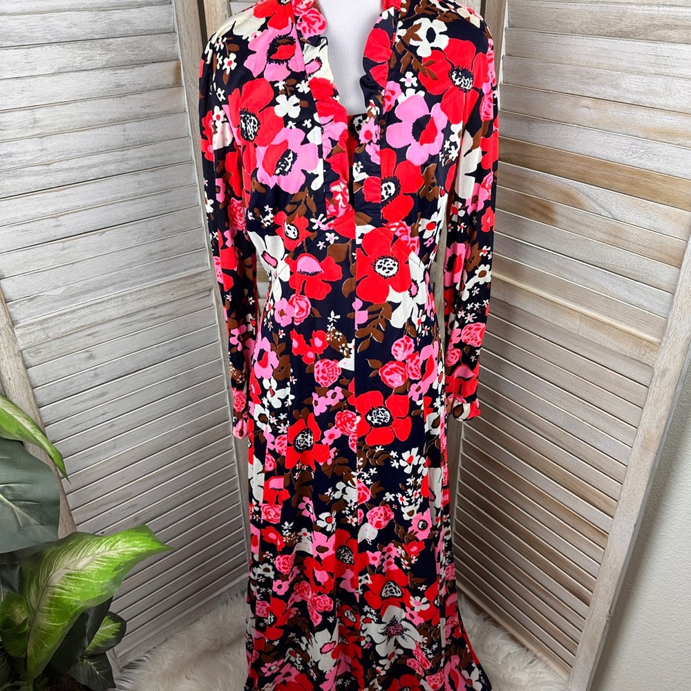 Vintage Navy Pink Red Floral 60s 70s Ruffle Trim Maxi Dress Size 12